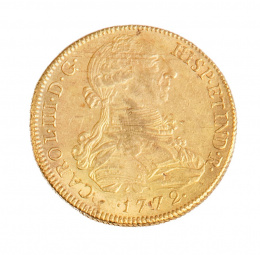 393.  Moneda de 8 escudos de oro Carlos III, 1772. NI. JM. ME. Ensayador a la izquierda