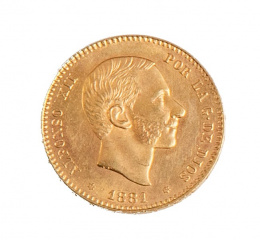 395.  Moneda de 25 ptas de oro de Alfonso XII.1881. MS.M