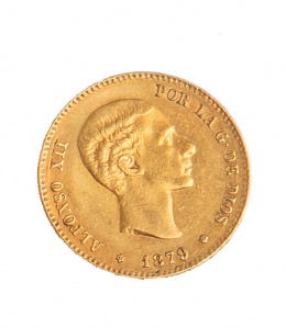 398.  Moneda de 25 ptas de oro de Alfonso XII.1879.FM. M.
