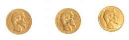 401.  Lote de 3 monedas de 20 Francos Franceses de oro de Napoleón III 1856. 1857. 1858.