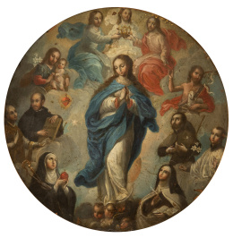 998.  ESCUELA MEXICANA, SIGLO XVIIIEscudo de monja de la Inmaculada Concepción con la Trinidad, San José, San Juan Bautista, San Ignacio de Loyola, Santiago apóstol, San Luis Gonzaga, Santa Gertrudis y Santa Teresa