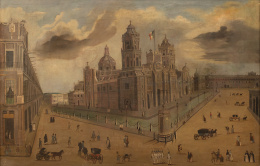 1022.  ESCUELA MEXICNA, SIGLO XIXVista de la catedral de Méjico y parte del Zócalo
