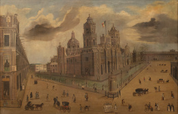 1022.  ESCUELA MEXICNA, SIGLO XIXVista de la catedral de Méjico y parte del Zócalo