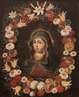 835.  ESCUELA ESPAÑOLA, SIGLO XVIIVirgen del Pópolo inserta en una orla de flores