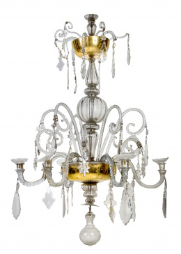 1029.  Lámpara de cristal y cristal azogado de seis brazos de luz.La Granja, S. XIX.