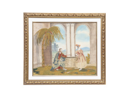 345.  "Jesús y la Samaritana".Bordado con hilos de color "a pintura" y sarga pintada. h. 1840.
