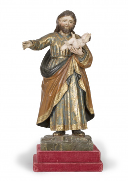 448.  San José con el Niño.Escultura en madera tallada, estucada y dorada.Escuela española, S. XVIII.