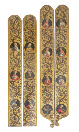 1234.  Lote de cuatro paneles pintados sobre tabla decorados con reyes de Israel.Escuela toledana, S. XVII.