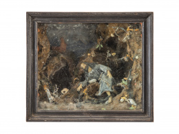 460.  San Jerónimo penitente.Diorama con figura en cera moldeada y policromada.Trabajo español, S. XVIII.