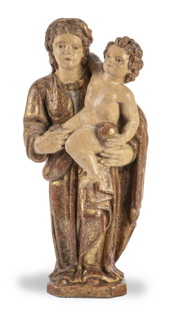 1388.  Virgen con el Niño.Escultura en madera tallada, policromada y dorada.España, S. XVI.