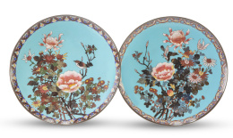1410.  Pareja de platos de esmalte cloissoné con decoración floral.Japón, S. XIX.