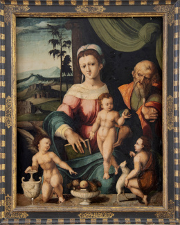 655.  ESCUELA PALENTINA, SIGLO XVISagrada Familia con San Juanito y ángel sobre un paisaje