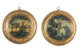 570.  Pareja de medallones Carlos IV de madera pintada con arquitecturas y marcos dorados.España, h, 1.800.