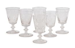 1189.  Juego de seis copas de recuerdo de cristal grabado con Nuestra Señora de Covadonga.Fábrica de Cifuentes, Pola y Cía, Gijón (1844-1912).