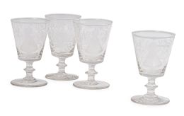 1192.  Juego de cuatro copas de recuerdo de cristal grabado con Nuestra Señora de Covadonga.Fábrica de Cifuentes, Pola y Cía, Gijón (1844-1912).
