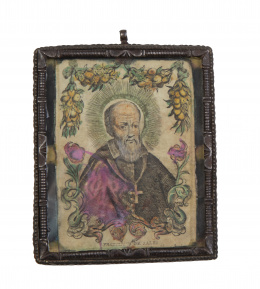 583.  Medalla devocional con marco de hierro y grabado coloreado de San Francisco de Sales.España, S. XVII - XVIII.