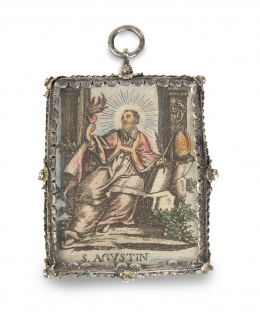 1354.  Medalla devocional con grabado pintado con San Agustín y San Vicente Ferrer, marco de plata.España, S. XVIII.