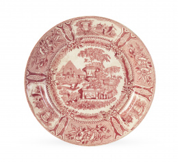 723.  Plato de loza estampada en rosa de la serie de la góndola. Sargadelos, tercera ápoca (1845-1862).