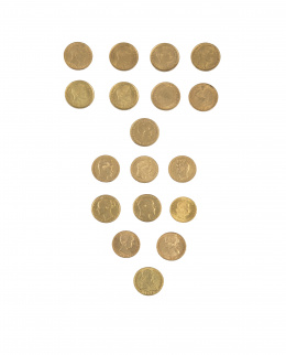 308.  Conjunto de 18 monedas de diversos valores faciales y paises en oro 