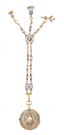 266.  Reloj lepine S. XVIII con chatelaine de oro y esmaltes 