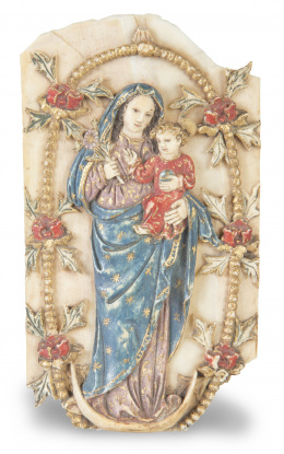 1167.  Virgen con el Niño.Placa de marfil tallado y policromado.S. XIX - XX.