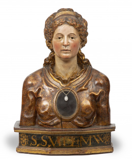 357.  Santa Mártir.Busto relicario en madera tallada, policromada y dorada.Trabajo español, S. XVI - pp. del S. XVII.