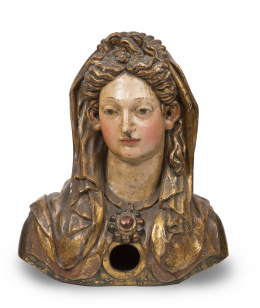 992.  Santa Mártir.Busto relicario en madera tallada, policromada y dorada.Trabajo español, S. XVII.