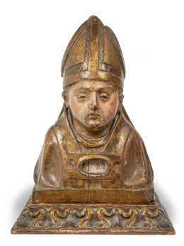 556.  Obispo.Busto relicario en madera tallada, policromada y dorada.Trabajo español, S. XVII.