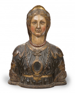 517.  Santa Mártir.Busto relicario en madera tallada, policromada y dorada.Trabajo español, S. XVII.