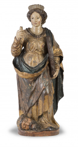 549.  Santa Catalina.Escultura en madera tallada, policromada y dorada.Trabajo español, pp. del S. XVII.