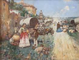 782.  JOSÉ NAVARRO LLORENS (Godella, ­Valencia, 1867-Valencia, 1923)Vendiendo cacharros en el camino