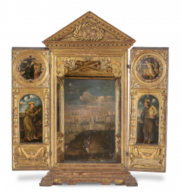 1147.  Altar portátil en madera tallada, policromada y dorada.España, S. XVI.