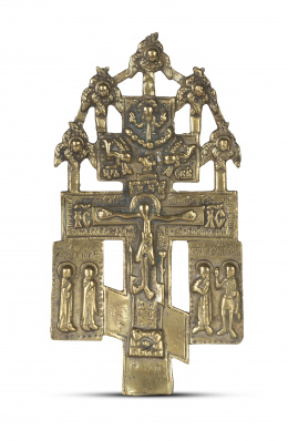 1355.  Cruz de caravaca de bronce dorado.España, S. XVIII.