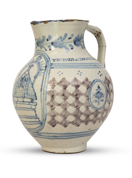 688.  Jarra de cerámica esmaltada en azul y manganeso con la Virgen del Prado.Toledo, primera mitad del S. XIX.