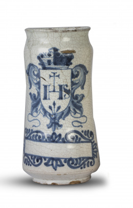508.  Bote de farmacia de cerámica esmaltada en azul de cobalto.Talavera, S. XVIII.