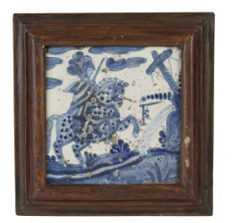 960.  Azulejo de céramica esmaltada en azul de cobalto con caballero.Triana, S. XVII.