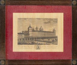 793.  TOMÁS LÓPEZ EGUIDANOS (grab) y JOSÉ GÓMEZ DE NURIA (del) Y E.S.H. MAYO 27 DE 1858"Vista del Real Monasterio de San Lorenzo del Escorial" y "Revista pasada por s.m. La Reina Dª Isabel 2ª a una escuadra española el día 27 de Mayo del años de 1858"