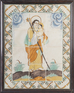 533.  San José y el Niño.Panel de azulejos.Trabajo catalán, ff. del S. XVIII.