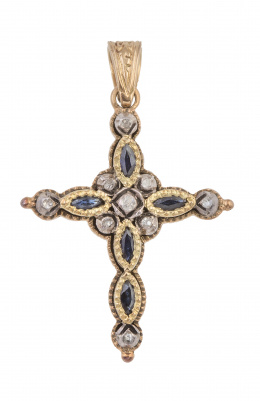 328.  Cruz colgante con decoración de cordoncillo con zafiros talla navette y diamantes