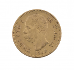 306.  Moneda de 20 liras de Umberto I en oro 1882