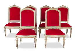 1127.  Lote de seis sillas de madera tallada, policromada y dorada de estilo Luis XVI.Trabajo italiano, pp. del S. XIX.