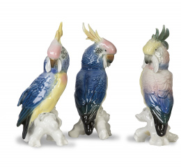 1135.  Lote de tres cacatúas de porcelana esmaltada.Volkstedt-Rudolstadt, Turingia, manufactura de Karl Enz, S. XX.