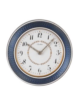 432.  Reloj CARTIER de sobremesa en plata y oro con esmalte guilloché y diamantes de talla rosa en agujas