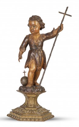 703.  San Juanito.Madera tallada, policromada y dorada.Trabajo español, S. XVII.