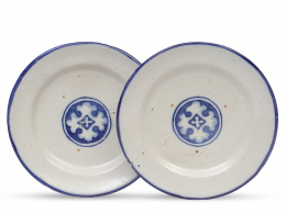 425.  Pareja de platos de cerámica esmaltada en azul de cobalto.S. XIX.