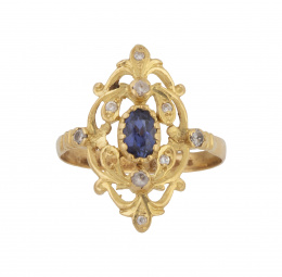 100.  Sortija lanzadera de pp. S. XX con zafiro central y zafiros blancos