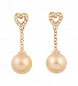 403.  Pendientes largos con perlas australianas golden que penden de corazones de brillantes