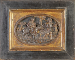 704.  La huida a Egipto.Relieve en madera tallada, enmarcado.Flandes, S. XVII.