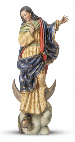 673.  "Inmaculada"Madera tallada y policromadaTrabajo colonial, S. XVIII