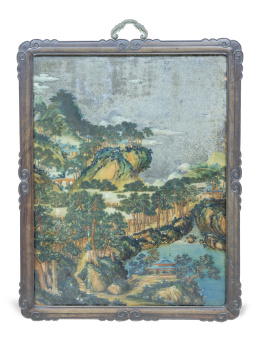 665.  Paisaje.Cristal pintado al revés.Trabajo chino para la exportación, S. XIX.